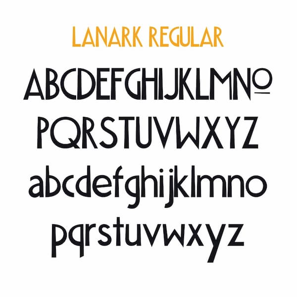 Illustration of the glyphs in the font, Lanark Regular.